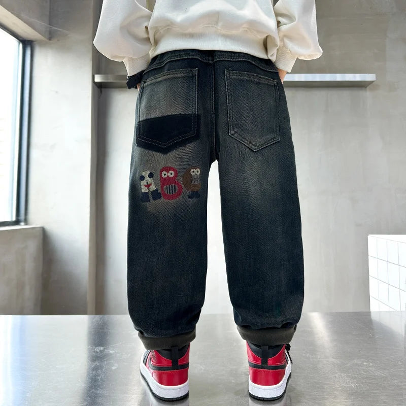 Teenage Boy Warm Fleece Cartoon Jeans Pants For Age 5 6 7 8 9 10 11 12 13 14 Years Child Winter Corduroy Denim Trousers Jeans