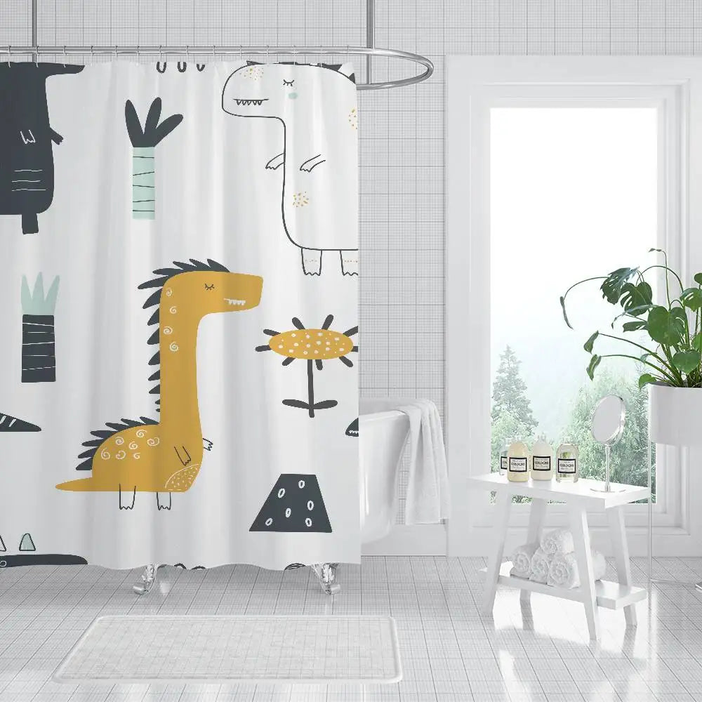 Cartoon Animal Dinosaur Print Waterproof Polyester Shower Curtain Waterproof Bathroom Curtain Liners 90x180cm With 12 Hooks
