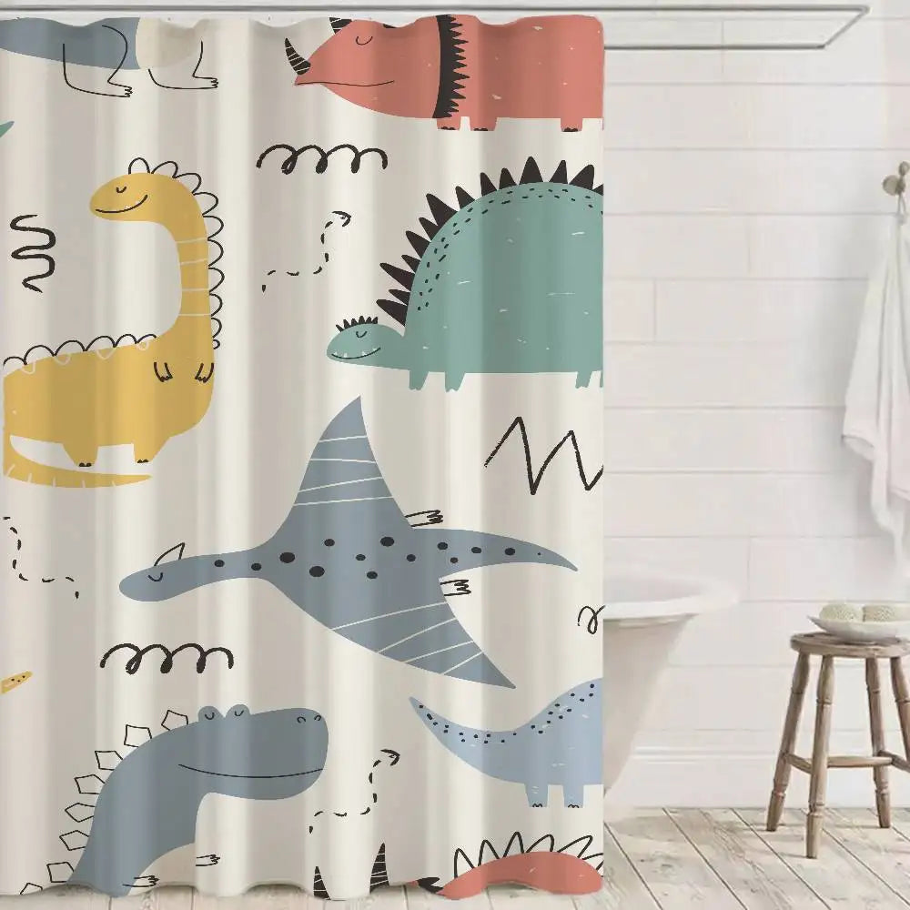 Cartoon Animal Dinosaur Print Waterproof Polyester Shower Curtain Waterproof Bathroom Curtain Liners 90x180cm With 12 Hooks