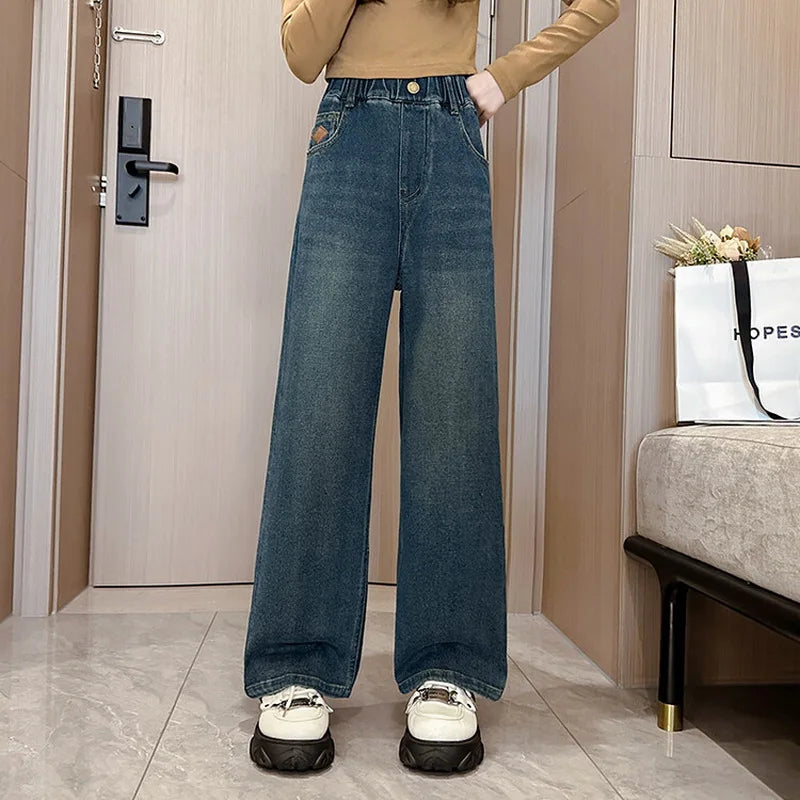 Teenage Girls Jeans 2025 Spring Autumn Casual Fashion Loose Blue Kids Leg Wide Pants School Children Trousers 6 8 10 12 Year