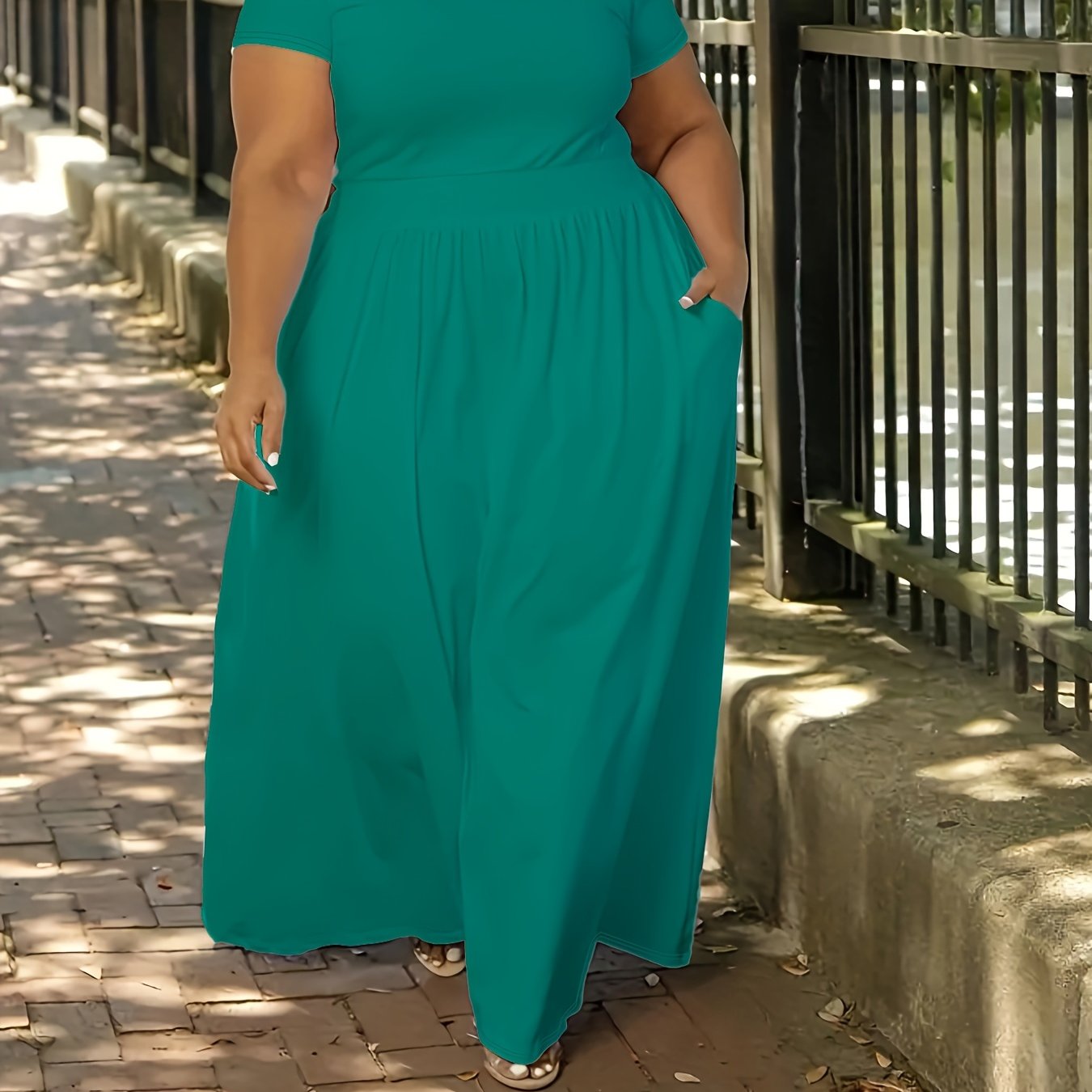 Plus Size Solid Short Sleeve Maxi Dress, Women's Plus Medium Stretch Elegant Long Dress