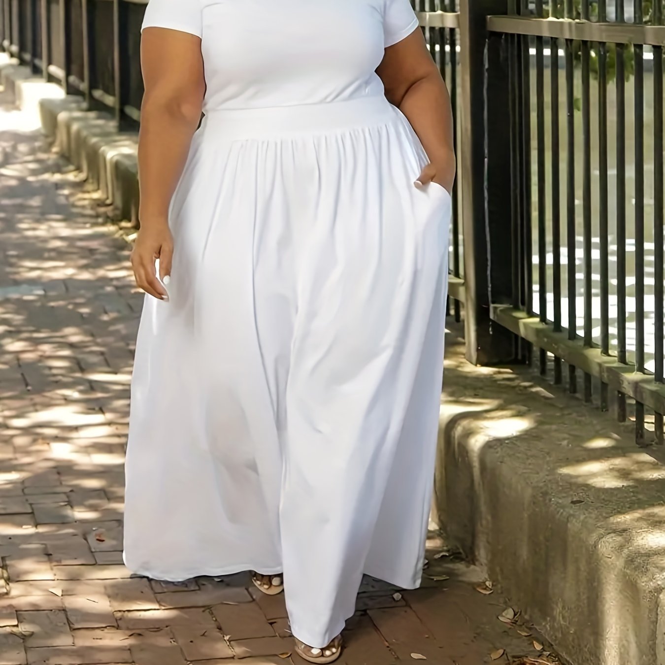 Plus Size Solid Short Sleeve Maxi Dress, Women's Plus Medium Stretch Elegant Long Dress
