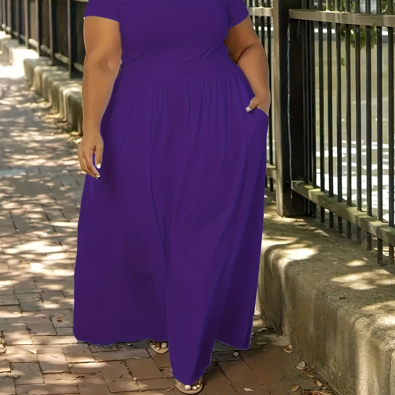 Plus Size Solid Short Sleeve Maxi Dress, Women's Plus Medium Stretch Elegant Long Dress