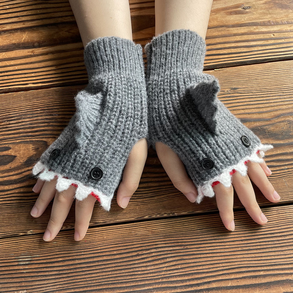 1pair Funny Handmade Shark Gloves - Wool Winter Warm Half-finger Gloves for Christmas Gifts for stocking stuffers