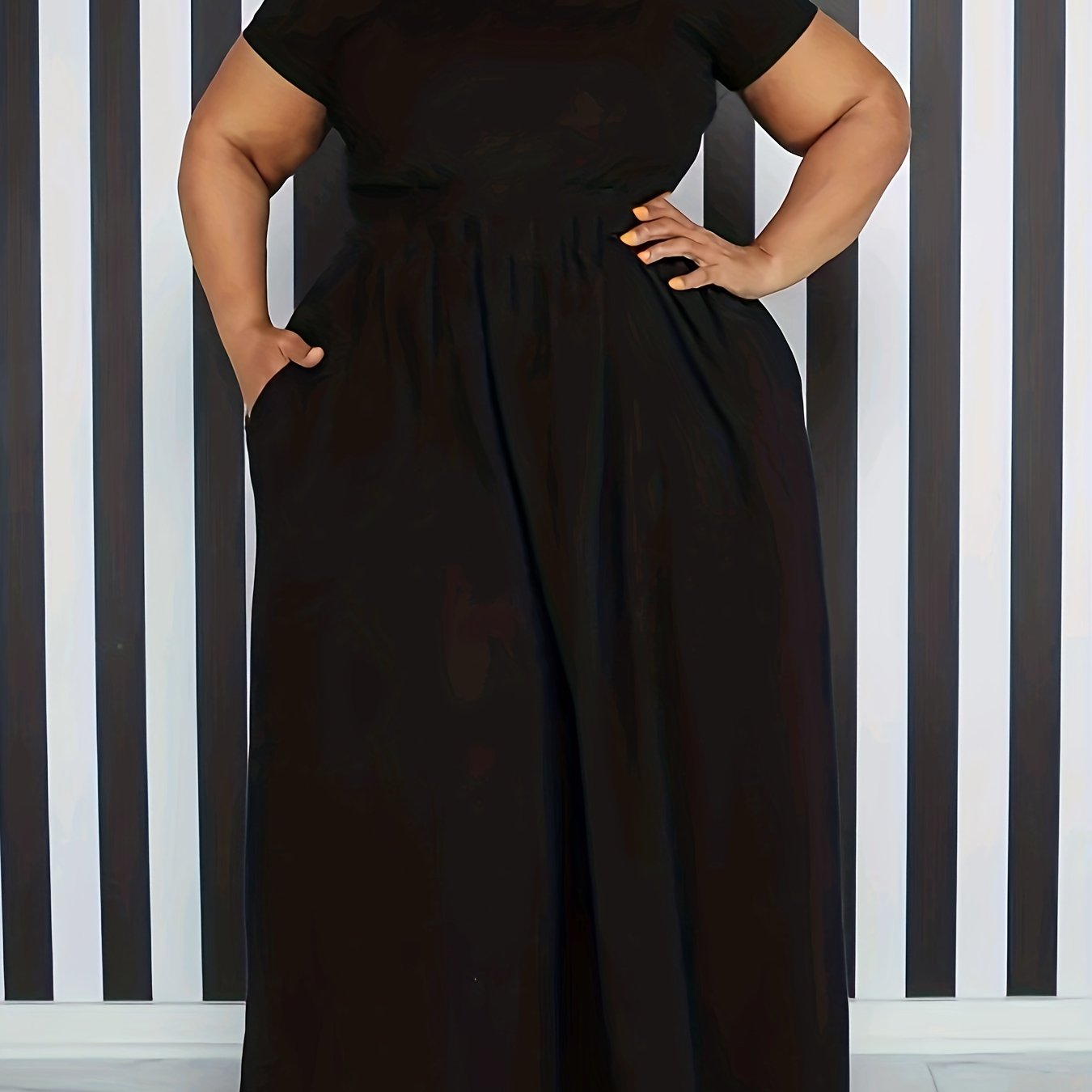 Plus Size Solid Short Sleeve Maxi Dress, Women's Plus Medium Stretch Elegant Long Dress