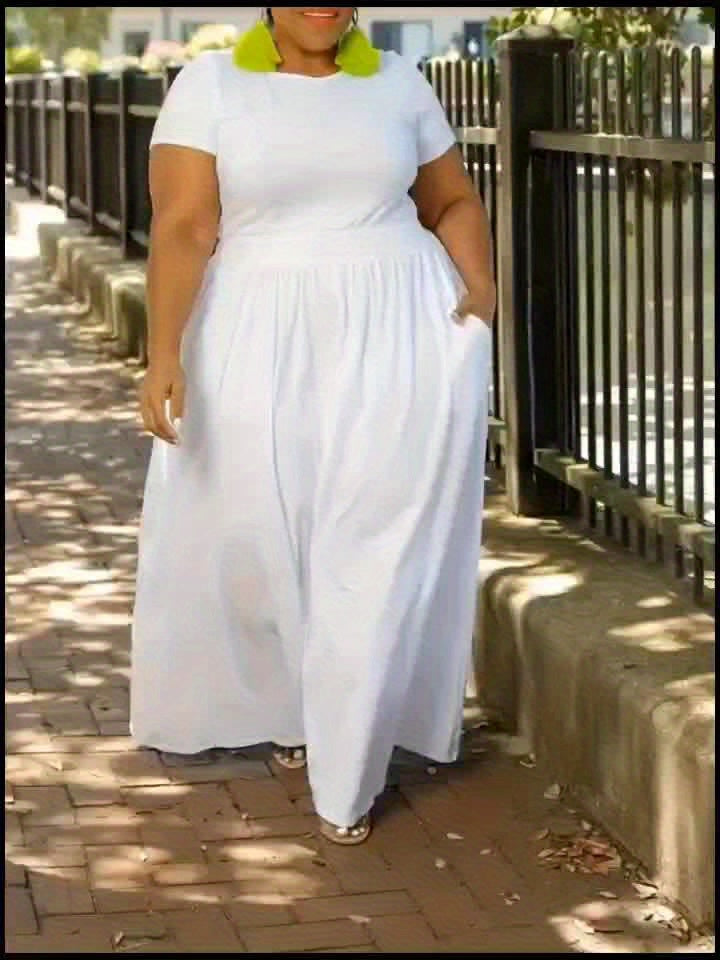 Plus Size Solid Short Sleeve Maxi Dress, Women's Plus Medium Stretch Elegant Long Dress