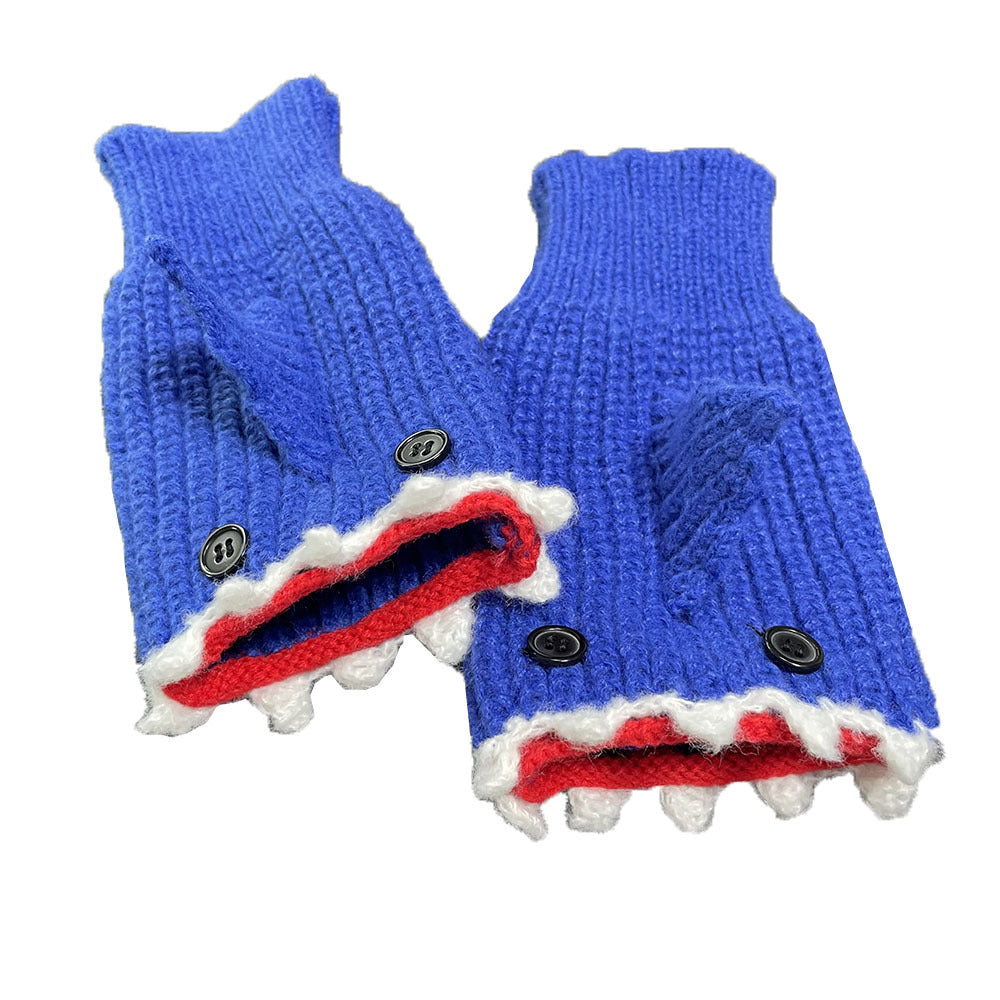 1pair Funny Handmade Shark Gloves - Wool Winter Warm Half-finger Gloves for Christmas Gifts for stocking stuffers