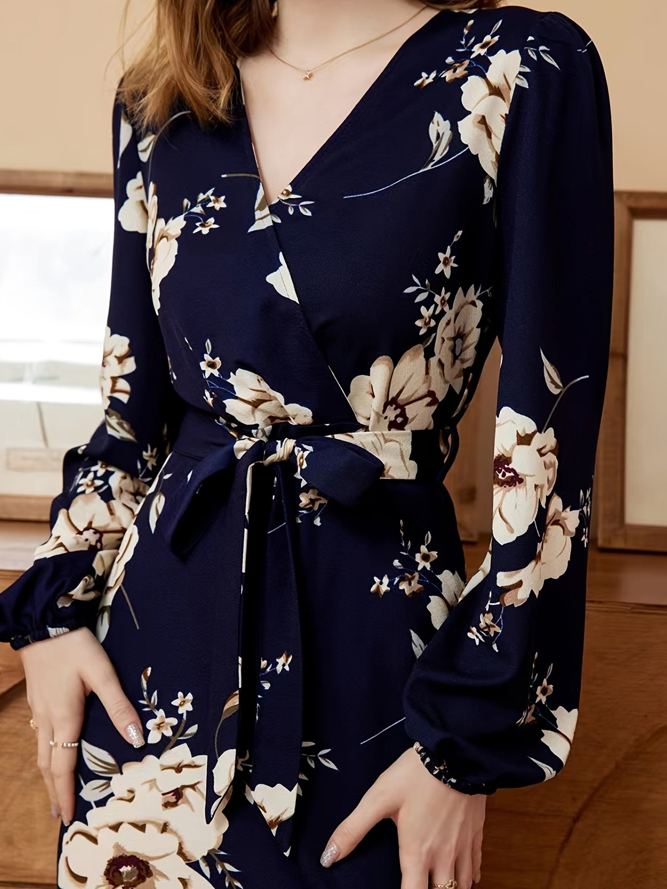 Floral Print V Neck Belted Elegant Dress - Long Sleeve, Vacation & Everyday Wear - For Women - Soft & Comfortable Fabric - Perfect Gift for Birthday & Special Occasions