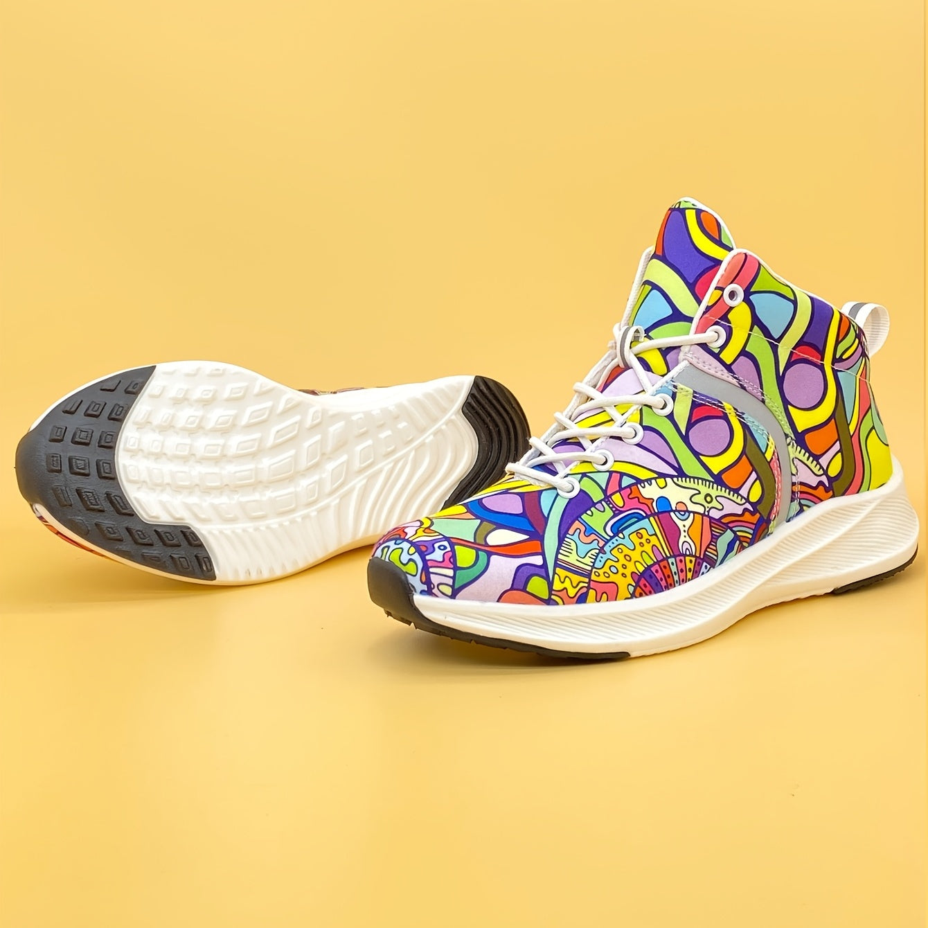 [Reflective Sneakers] Lightweight, Reflective Women's Hand-Painted Cartoon Print High-Top Sneakers | Lace-Up Casual Shoes with Soft Fabric Upper & EVA/Rubber Sole for North American & Mexican Fashion - Winter-Ready