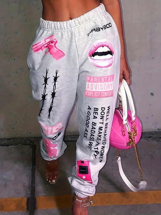 Women's Print Fashion Elastic Waist Sports Casual Sweater Oversize Pants Bottom TB5553 Plus
