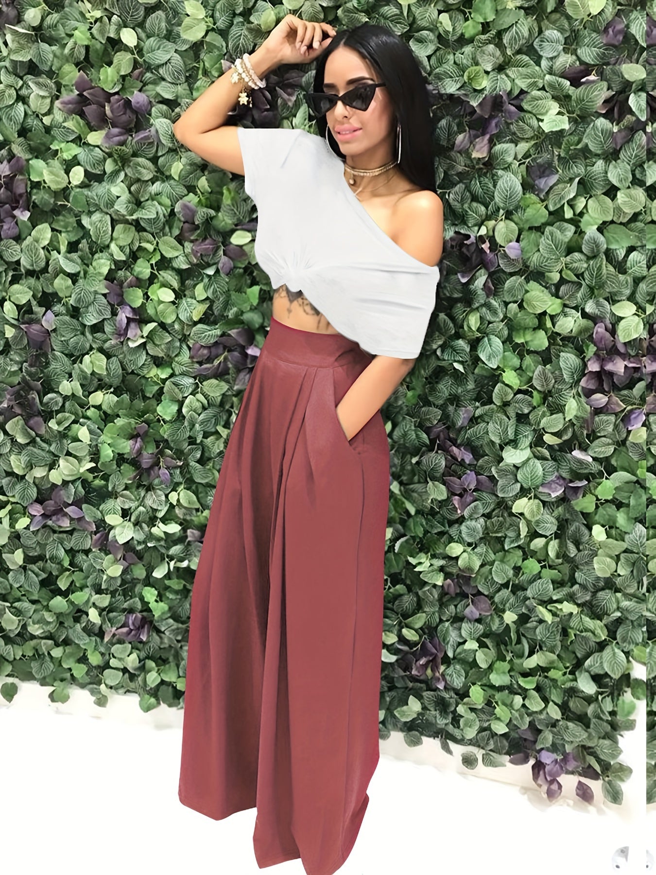 Loose Straight Flare Pants, Casual Pocket High Waist Solid Wide Leg Fashion Comfy Pants, Women's Clothing