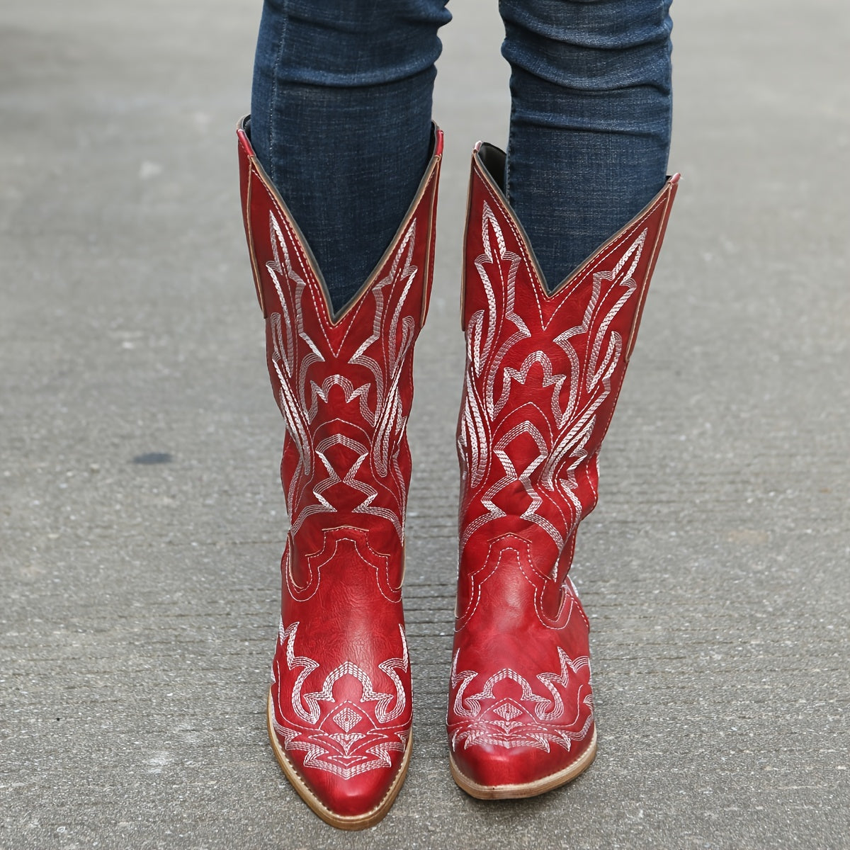 [Retro Cowgirl Boots] Retro Style Women's Western Mid Calf Boots | V-cut Embroidery Cowgirl Boots, Pointed Toe Slip On Shoes