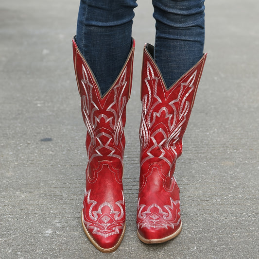 [Retro Cowgirl Boots] Retro Style Women's Western Mid Calf Boots | V-cut Embroidery Cowgirl Boots, Pointed Toe Slip On Shoes