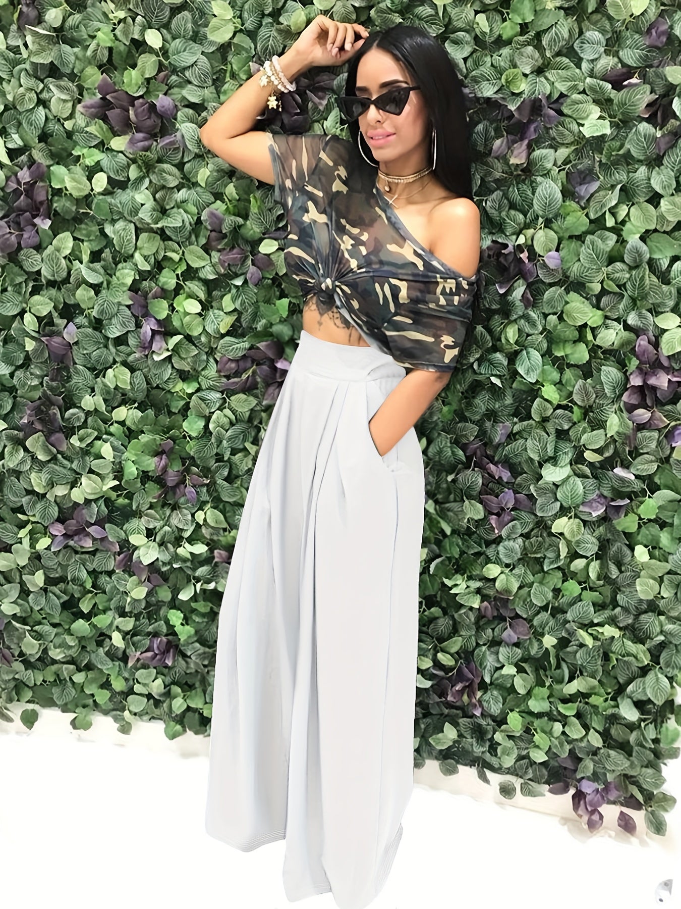 Loose Straight Flare Pants, Casual Pocket High Waist Solid Wide Leg Fashion Comfy Pants, Women's Clothing