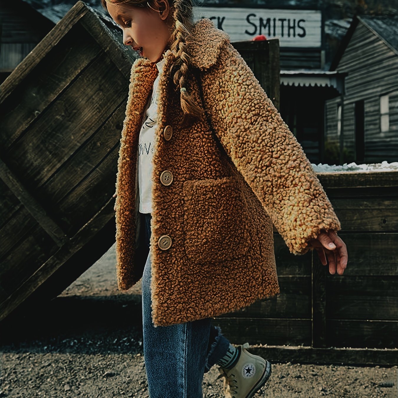 [Cozy Fleece Jacket] Cozy Fleece Jacket for Girls - Two-Tone Color Block with Plush Lining, Long Sleeves & Button Front, Casual Korean Style Winter Outerwear | Button-Up Front Jacket | Plush Lining Jacket