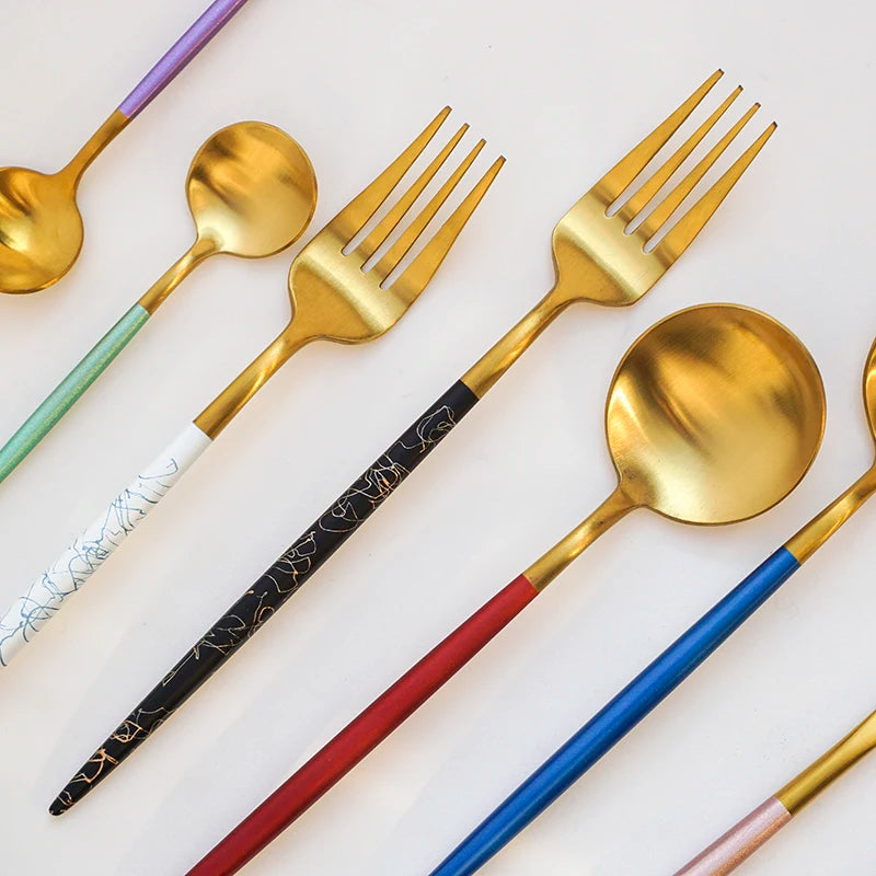 Kitchenware 24 Pcs Creative Western Silver Gold Portugal Steak Spork Knife Tableware Set 430 Stainless Steel Cutlery Set