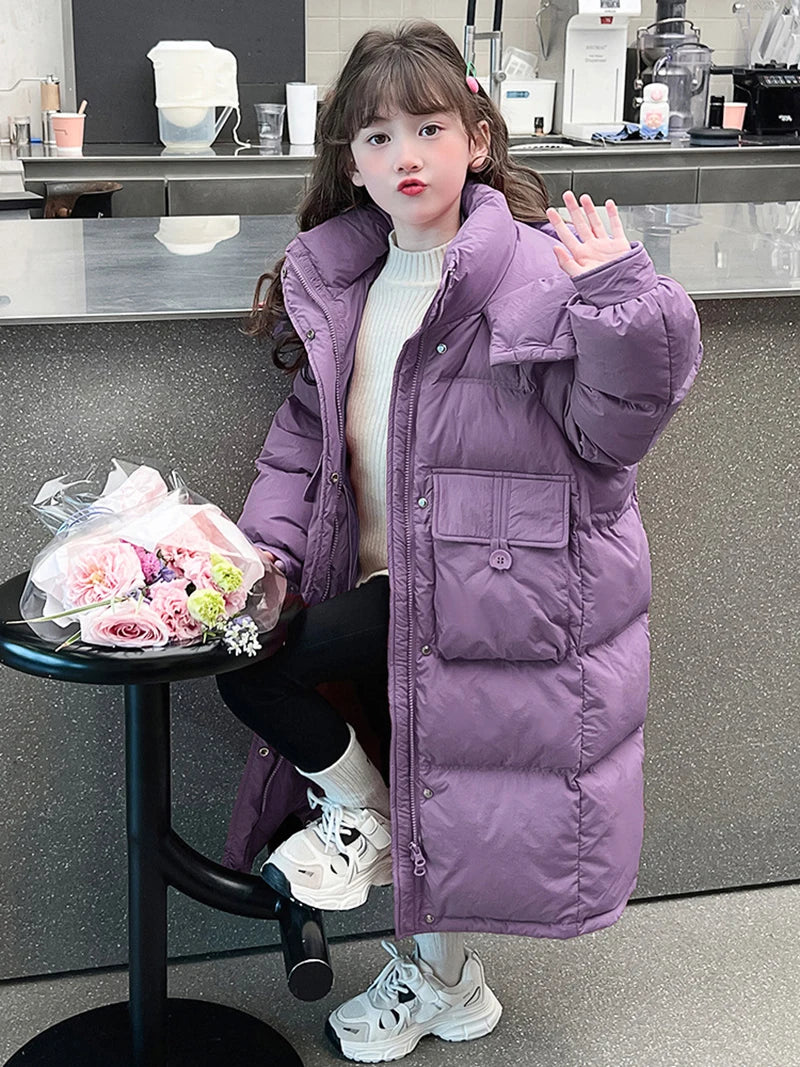 2024 New Extra Long Warm Children's Padded Jacket Girl Solid Color Cotton Coat Teens Parkas Hoodie Kids Clothing