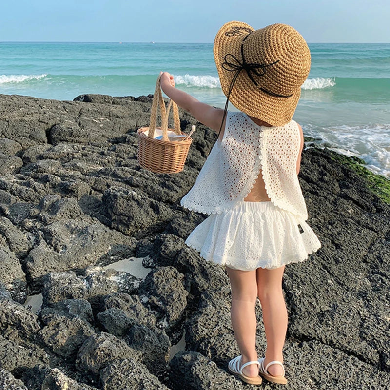 2024 Girls Summer Clothing Sets Hollow Lace Suit Baby Casual Sleeveless T-shirt+Shorts Kids Clothing Sets Baby Clothes Outwear