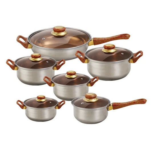 12pcs Thickening Cooking Pot Kitchenware Stainless Steel Casserole Cookware Set Cooking Pot and Pans Set with Wood Grain