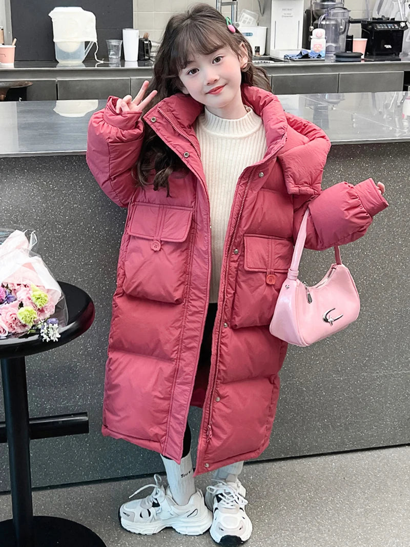 2024 New Extra Long Warm Children's Padded Jacket Girl Solid Color Cotton Coat Teens Parkas Hoodie Kids Clothing