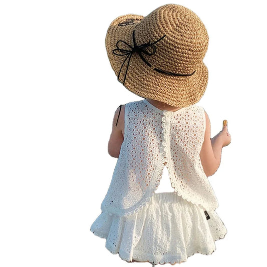 2024 Girls Summer Clothing Sets Hollow Lace Suit Baby Casual Sleeveless T-shirt+Shorts Kids Clothing Sets Baby Clothes Outwear