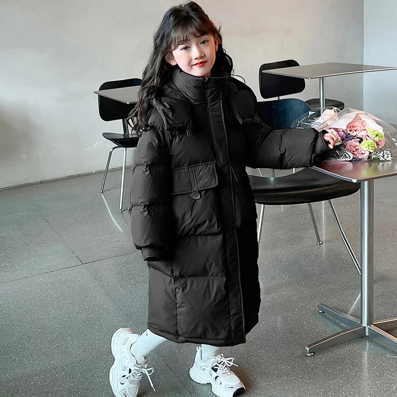 2024 New Extra Long Warm Children's Padded Jacket Girl Solid Color Cotton Coat Teens Parkas Hoodie Kids Clothing