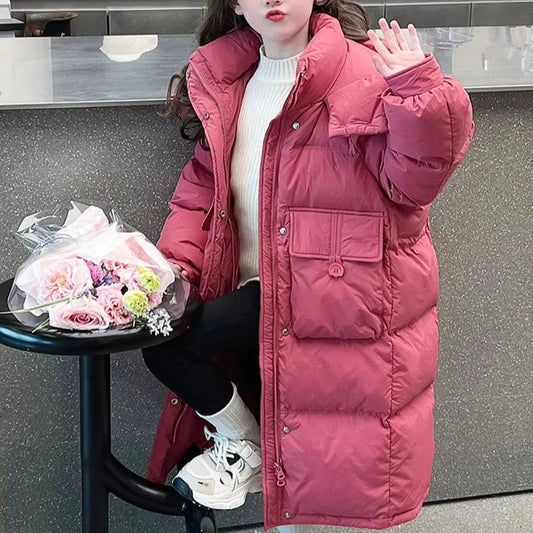 2024 New Extra Long Warm Children's Padded Jacket Girl Solid Color Cotton Coat Teens Parkas Hoodie Kids Clothing