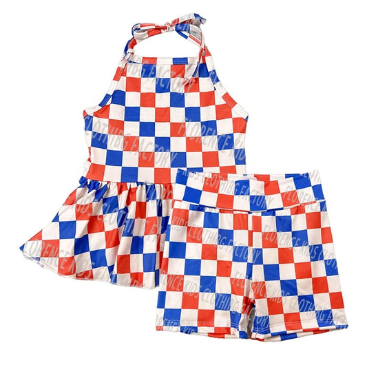 DH ODM Wholesale 4th of July Checkered Bamboo Halter Peplum Biker Shorts Two Piece Outfit Girl Kids Clothing Sets