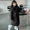 2024 New Extra Long Warm Children's Padded Jacket Girl Solid Color Cotton Coat Teens Parkas Hoodie Kids Clothing