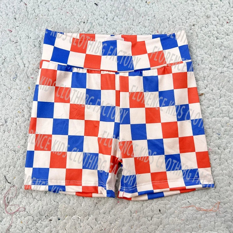 DH ODM Wholesale 4th of July Checkered Bamboo Halter Peplum Biker Shorts Two Piece Outfit Girl Kids Clothing Sets