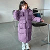 2024 New Extra Long Warm Children's Padded Jacket Girl Solid Color Cotton Coat Teens Parkas Hoodie Kids Clothing