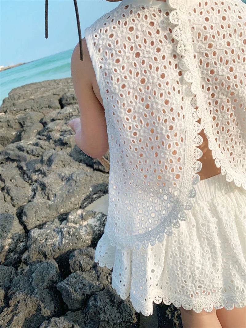 2024 Girls Summer Clothing Sets Hollow Lace Suit Baby Casual Sleeveless T-shirt+Shorts Kids Clothing Sets Baby Clothes Outwear