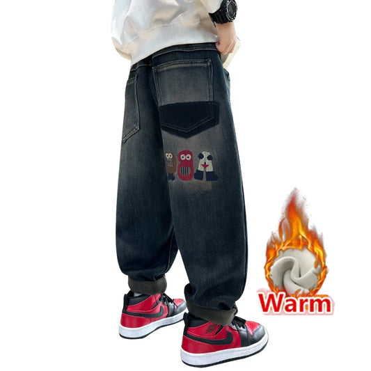 Teenage Boy Warm Fleece Cartoon Jeans Pants For Age 5 6 7 8 9 10 11 12 13 14 Years Child Winter Corduroy Denim Trousers Jeans