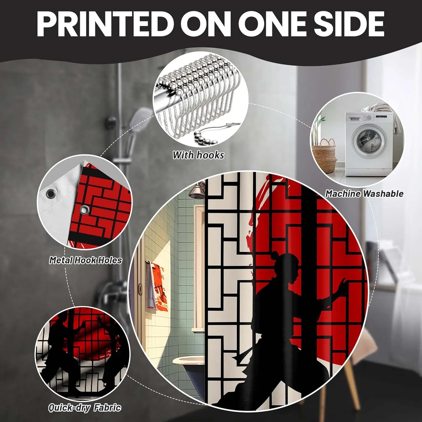 Japanese Shower Curtain Black and Red Mens Anime Asian Shower Curtains for Bathroom Decor Sets, Waterproof Cloth Fabric with