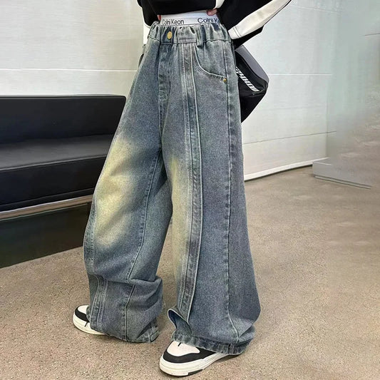 Teenage Girls Pants Fashion Spliced Design Floor Jeans Trousers Kids Wide-leg Denim Pants for 6 8 10 12 14Years Children Bottoms
