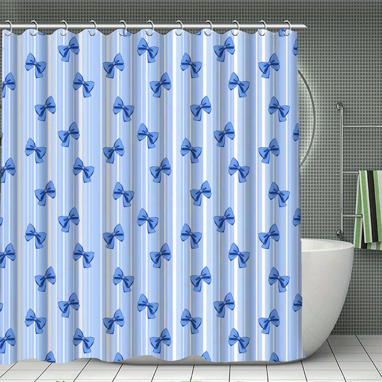 Blue Bowknot Curtains Shower Curtain Set for Bathroom Modern Bath Rug Decor For Bathroom Shower Curtains Multi-Size With 12Hooks