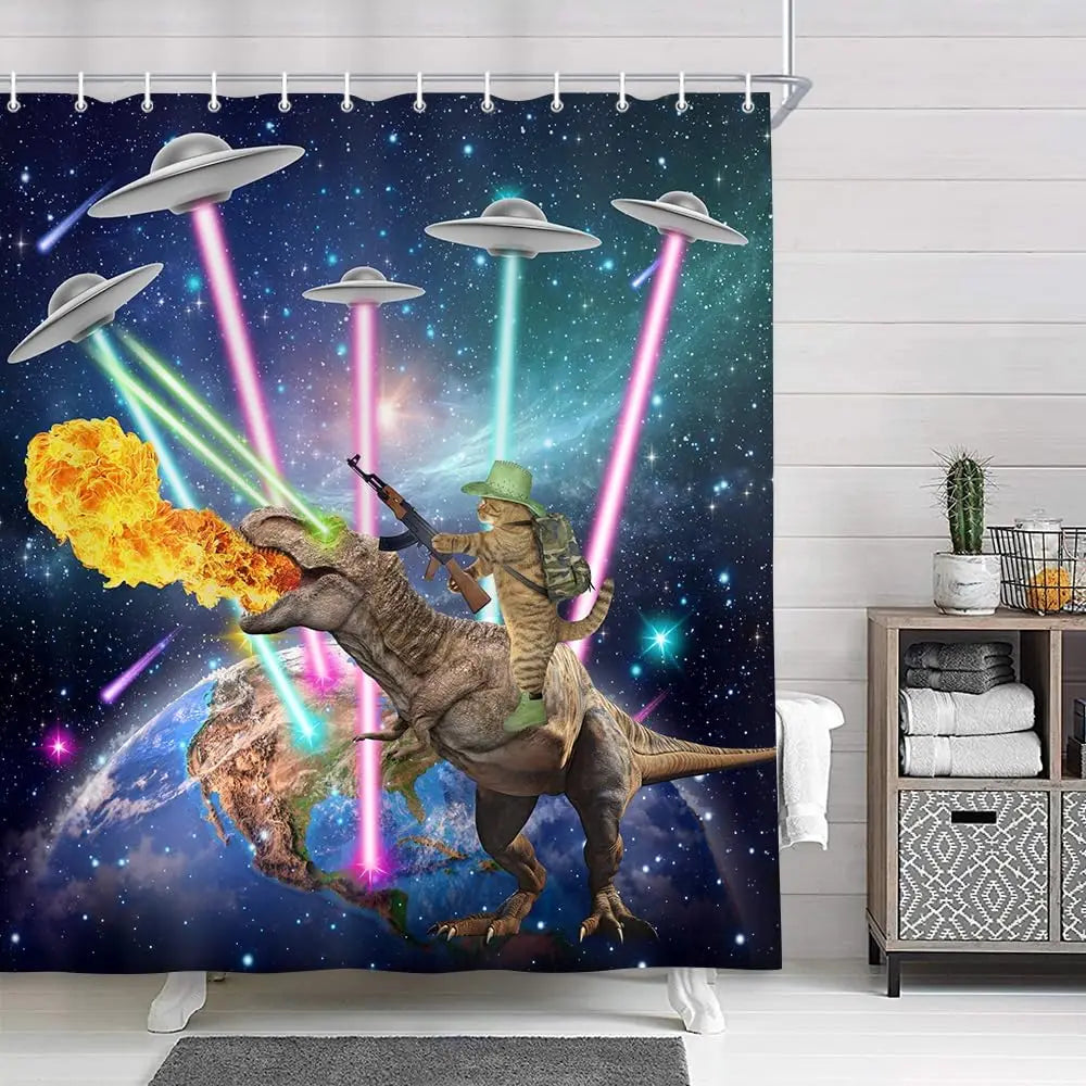 Funny cat shower curtain, cool and funny shark fantasy space anime shower curtain, funny fabric bathroom curtain set