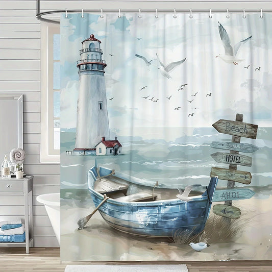 Coastal Charm Shower Curtain- Ocean Beach & Lighthouse Design, Waterproof Polyester With Hooks, Perfect For Bathroom Decor