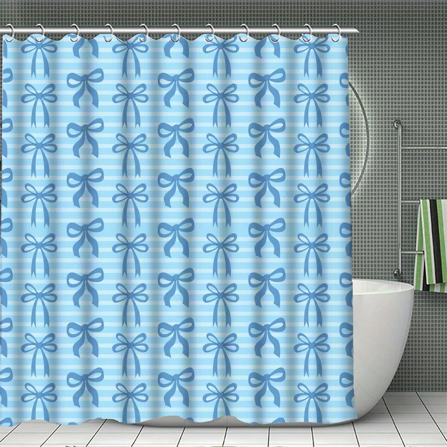 Blue Bowknot Curtains Shower Curtain Set for Bathroom Modern Bath Rug Decor For Bathroom Shower Curtains Multi-Size With 12Hooks