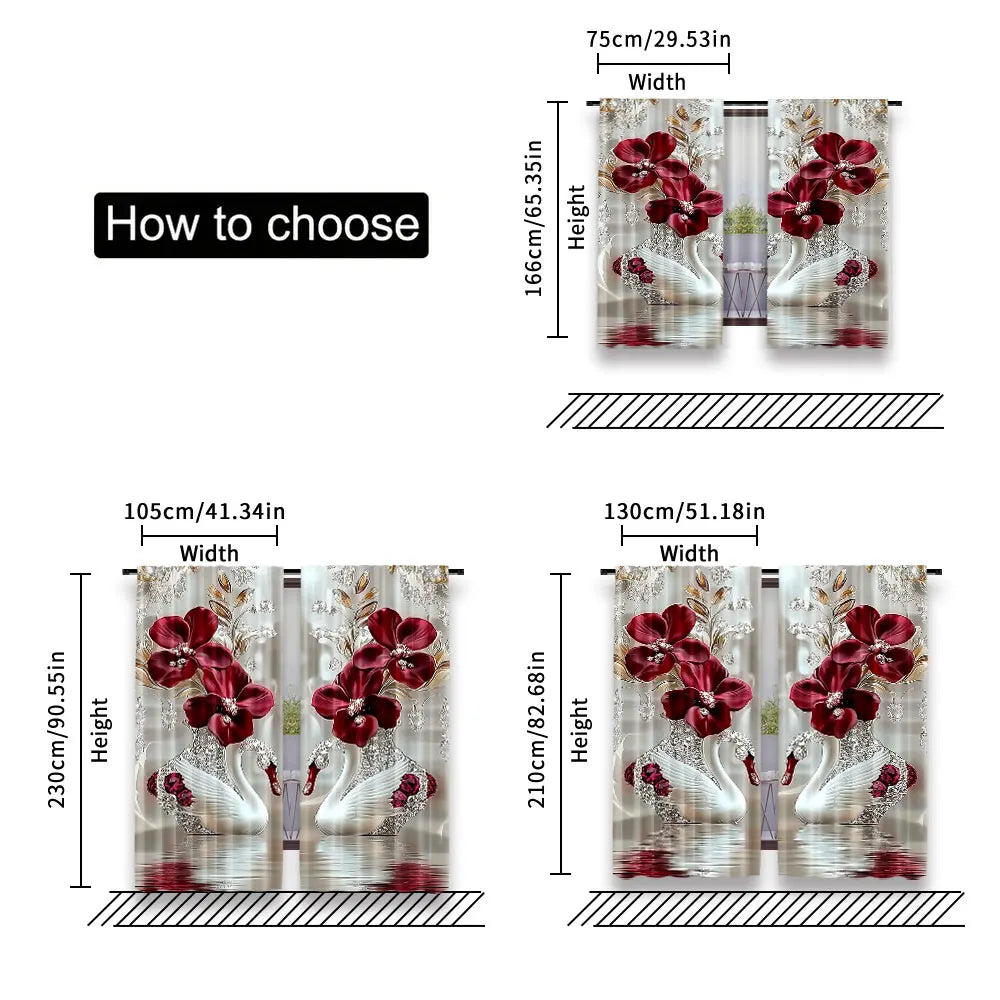 2Pcs Stylish Floral And Swan Printed Curtains Elegant Curtains Suitable For Bedroom Bathroom Living Room Dining Room Kitchen