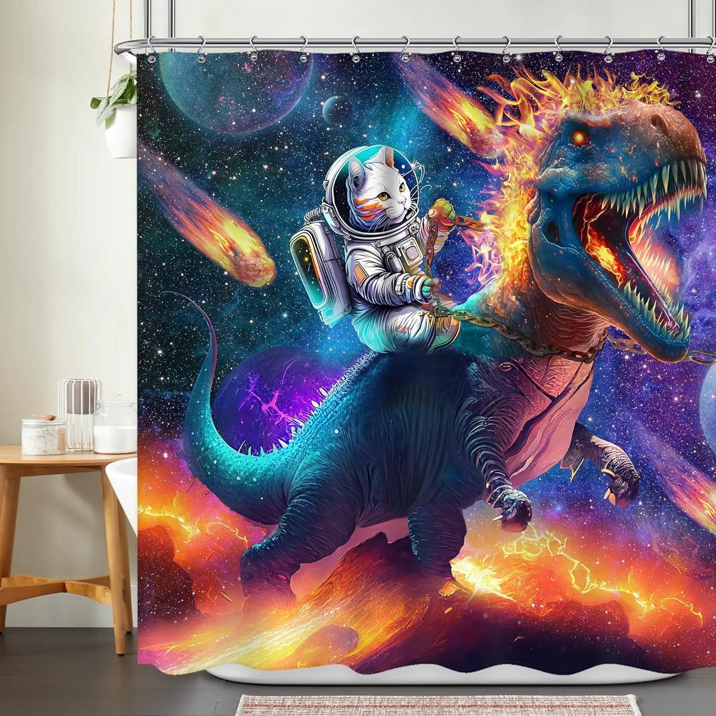 Funny cat shower curtain, cool and funny shark fantasy space anime shower curtain, funny fabric bathroom curtain set