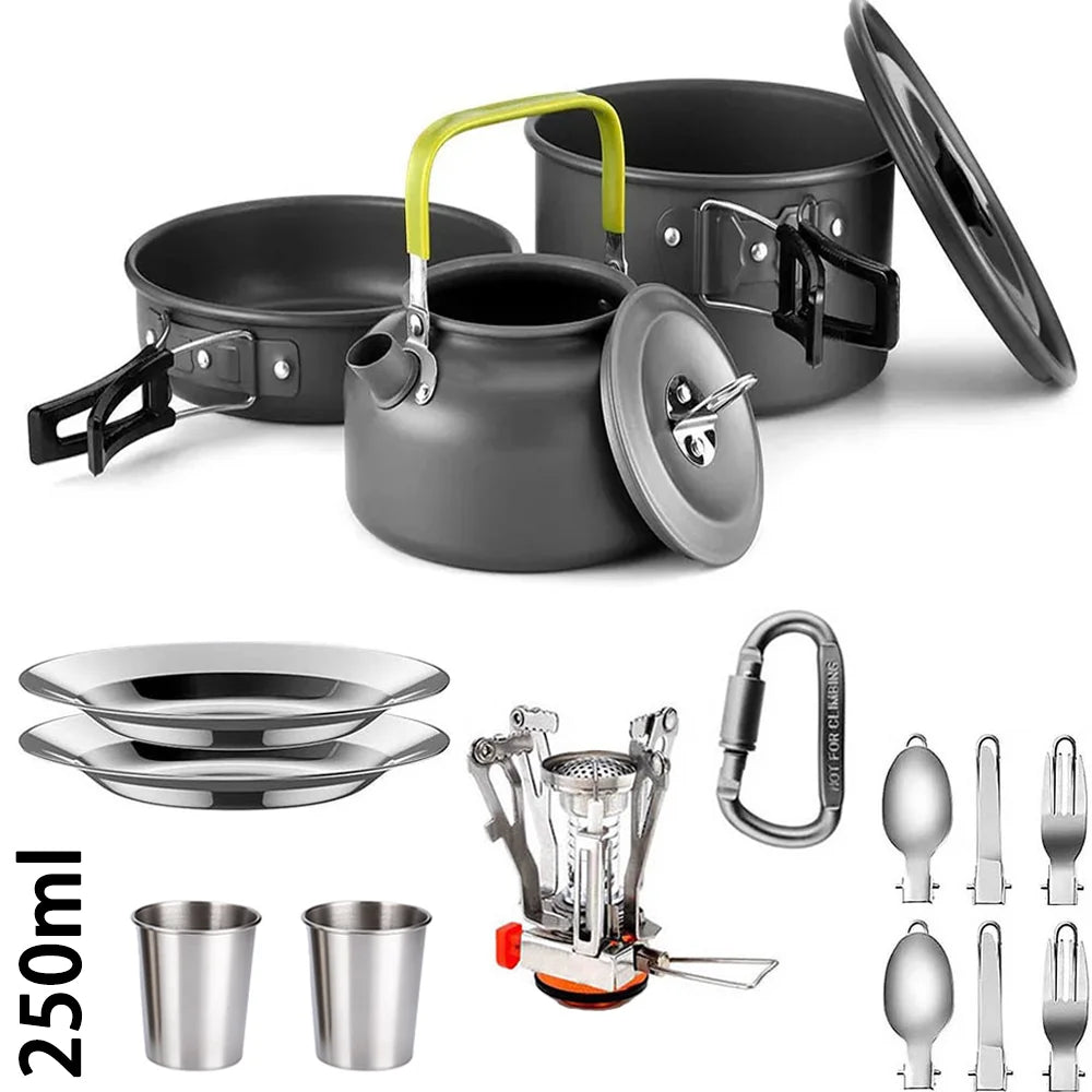 Outdoor camping cooking set outdoor water boiling and vegetable frying aluminum alloy portable set [with igniter]