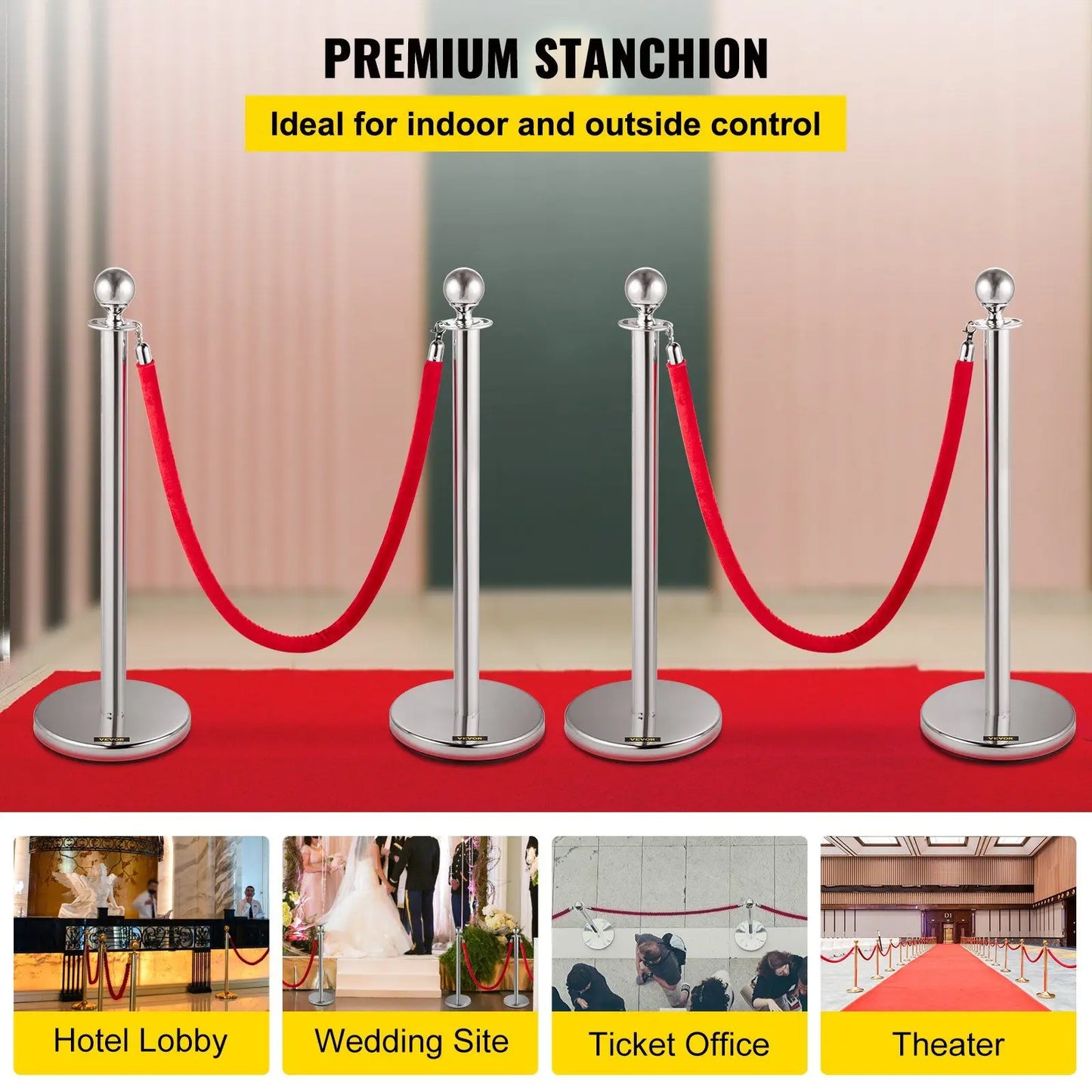 4PCS Stainless Steel Stanchion Posts Queue, Red Velvet Ropes Silver, 38In Rope Barriers Queue Line Crowd Control Barriers for Pa