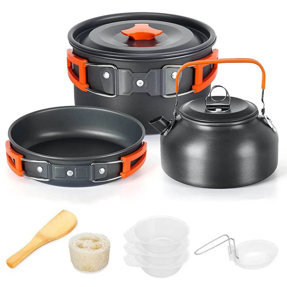Outdoor camping cooking set outdoor water boiling and vegetable frying aluminum alloy portable set [with igniter]