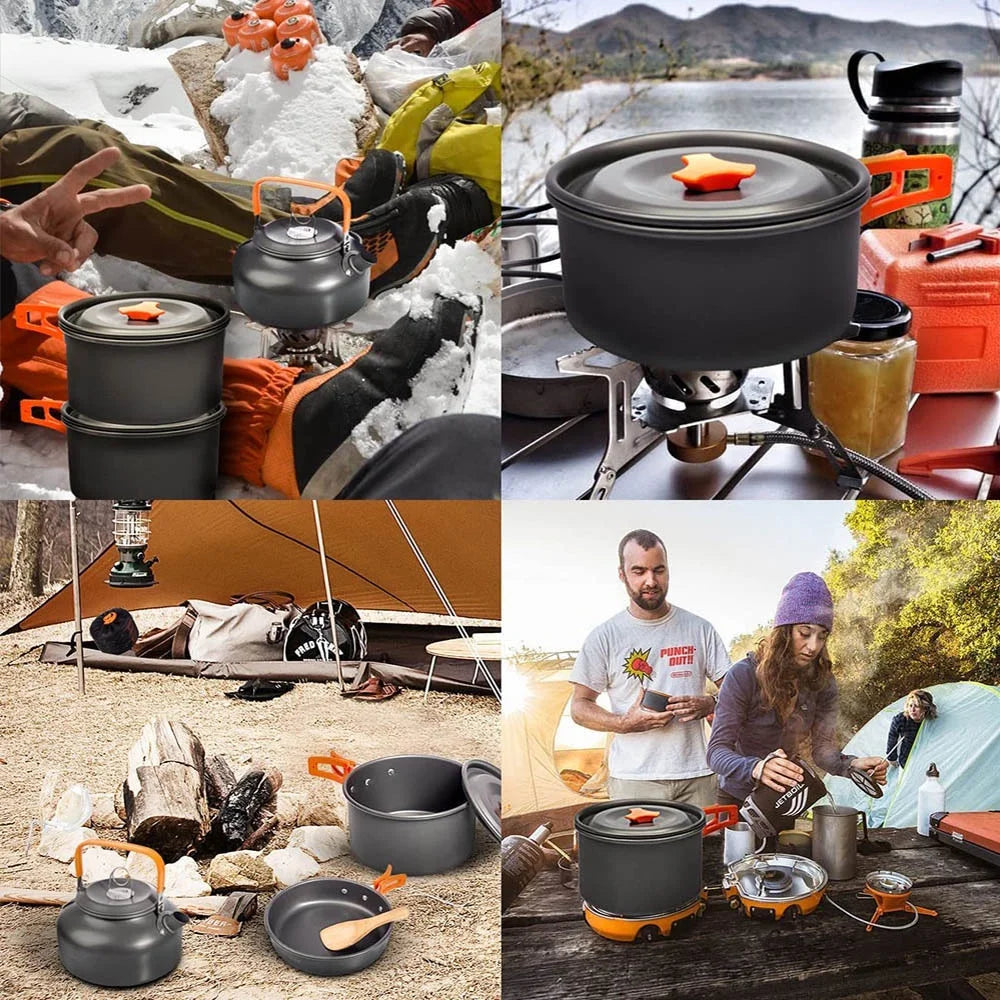 Outdoor camping cooking set outdoor water boiling and vegetable frying aluminum alloy portable set [with igniter]