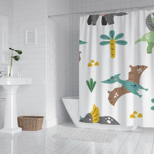 Cartoon Animal Dinosaur Print Waterproof Polyester Shower Curtain Waterproof Bathroom Curtain Liners 90x180cm With 12 Hooks