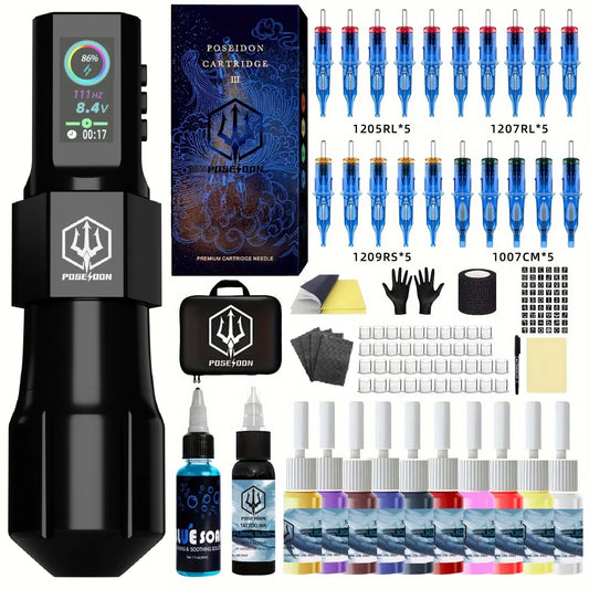 Tattoo Kit Or Tattoo Machnie POSEIDON New Cool Tattoo Pen Kit For Permanent Makeup Tattoo Machine Kit Wireless Tattoo Gun Kit