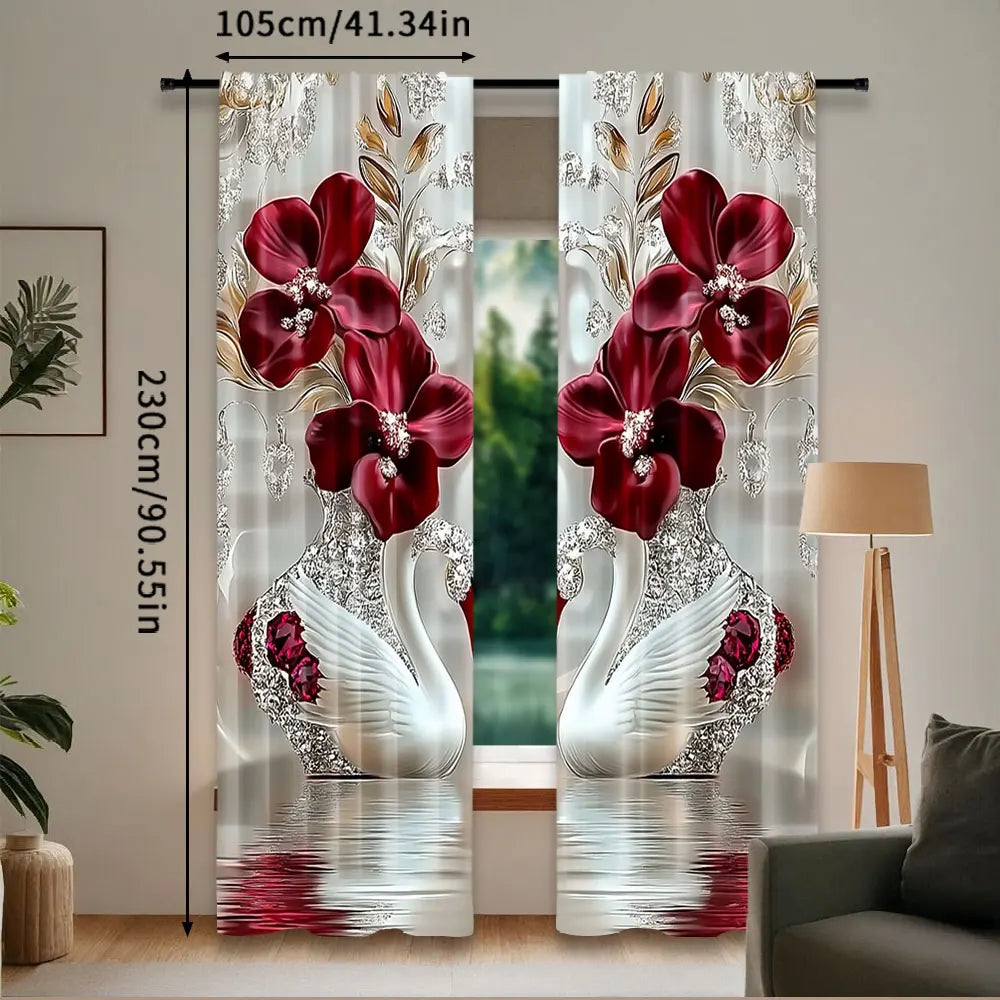 2Pcs Stylish Floral And Swan Printed Curtains Elegant Curtains Suitable For Bedroom Bathroom Living Room Dining Room Kitchen