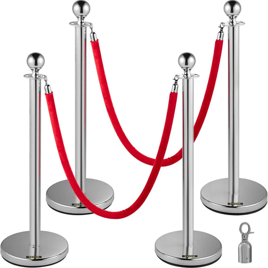 4PCS Stainless Steel Stanchion Posts Queue, Red Velvet Ropes Silver, 38In Rope Barriers Queue Line Crowd Control Barriers for Pa