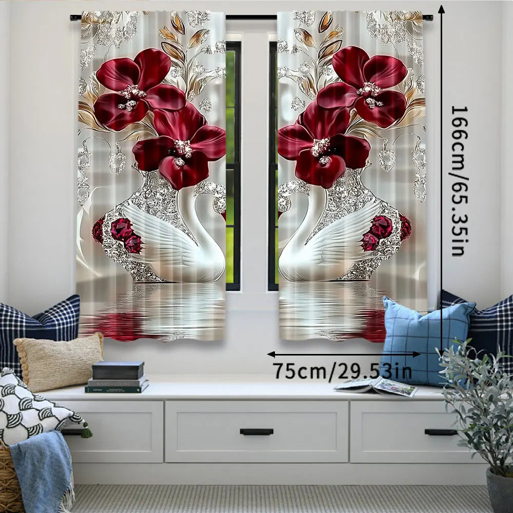 2Pcs Stylish Floral And Swan Printed Curtains Elegant Curtains Suitable For Bedroom Bathroom Living Room Dining Room Kitchen